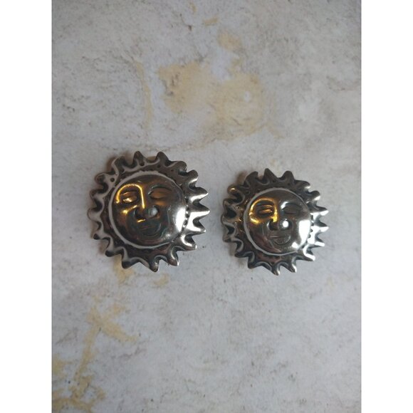 Vintage Mexican Sun Silver Tone Clip On Earrings Estate Jewelry - Picture 2 of 7